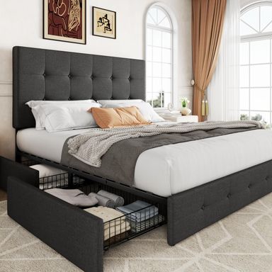 Allewie Upholstered Queen Size Platform Bed Frame with 4 Storage Drawers and Headboard, Square Stitched Button Tufted, Mattress Foundation with Wooden Slats Support, No Box Spring Needed, Dark Grey Dark Grey Queen Antique