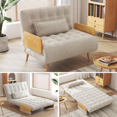 3-in-1 Convertible Chair Bed Sleeper for Adults, Linen Convertable Sleeper Chair with Wooden Arms & Pillows, Foldable Single Futon Sofa Bed for Small Spaces, Mid Century, 76.6" D x 36.6" W Mid-century 36.6" W Sleeper Chair