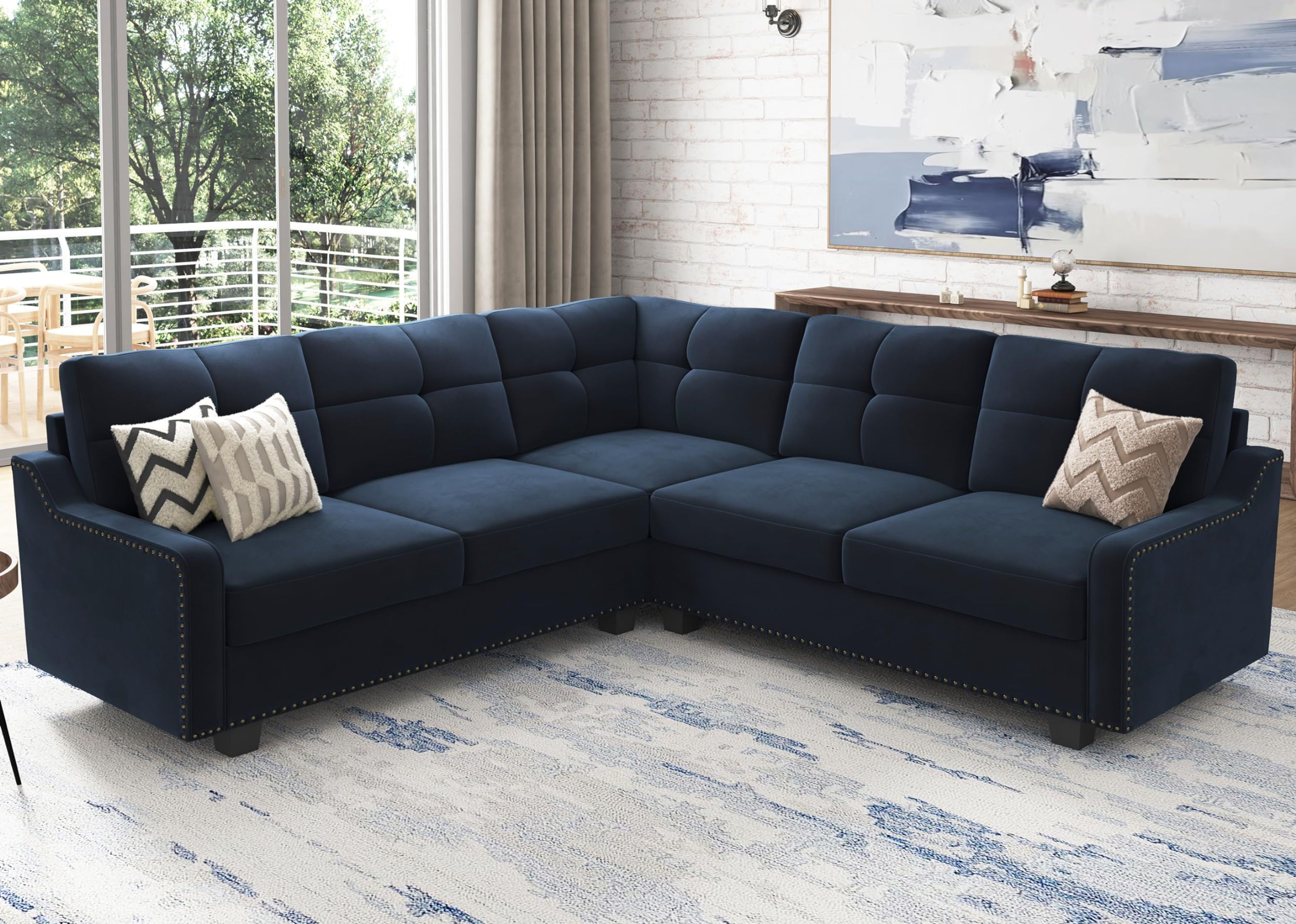 HONBAY Dark Blue Velvet L-Shaped Convertible Sectional Sofa for Small Apartments