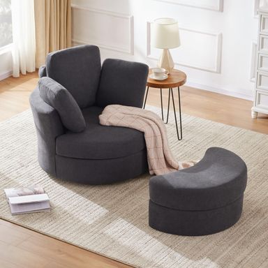 39” Swivel Accent Barrel Chairs with Removable Headrest, Chaise Lounge Indoor with Neck Support Pillow, Oversized Chair with Ottoman,Swivel Chairs for Living Room, Grey