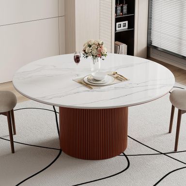 Modern Round Dining Table, 59-Inch Marble Top with Fluted Wood Base, White and Brown (Brown)