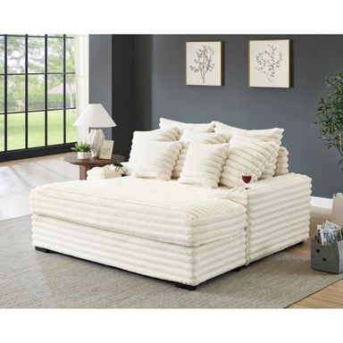 Corduroy Oversized Chaise Lounge Cozy Cloud Couch, Extra Wide Deep Seat Plush Upholstered Sectional Loveseat Sofa Bed Daybed with 7 Throw Pillows, USB Ports and Cupholders for Living Room Office