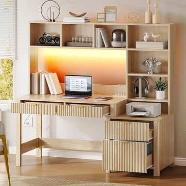 Amazon.com: YITAHOME Computer Desk with Hutch and Drawers, 55" Office Desk with Storage Shelves and Printer Stand, Gaming Desk with Power Outlets & LED Lights, Fluted Sturdy Writing Workstation, Natural Oak : Home & Kitchen