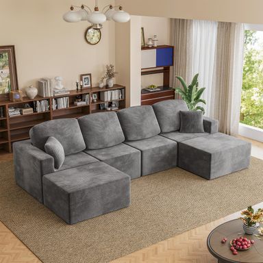 Homall 126" Modern Fabric Boneless Couch with Deep Seat, Sectional Couches for Living Room, Upholstered Cloud Sofa with 2 Ottoman, No Assembly Required (Dark Grey, U Shaped Sofa) Dark Grey U Shaped Sofa