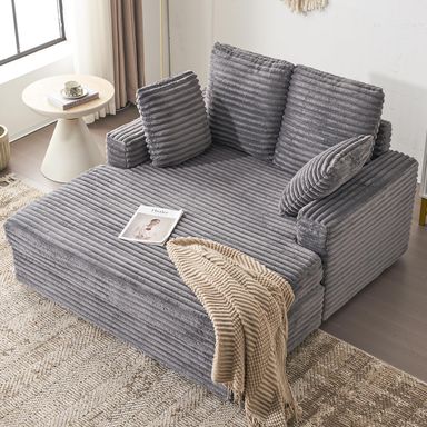 Furnimart Chaise Lounge Chair Indoor, 58 Inch Sleeper Sofa with 2 Throw Pillows, Fluffy Corduroy Loveseat Couch for Living Room, Comfy Oversized Reading Chair, Gray Loveseat Grey