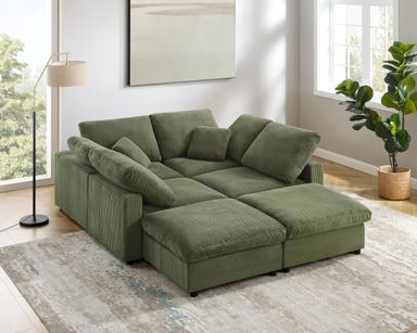 105" Modular Sectional Sofa Bed with 6 Seater, Convertible U Shape Comfy Corduroy Cloud Couch, Modern Sleeper Chaise for Large Apartment Office (Sofa Bed, Green)