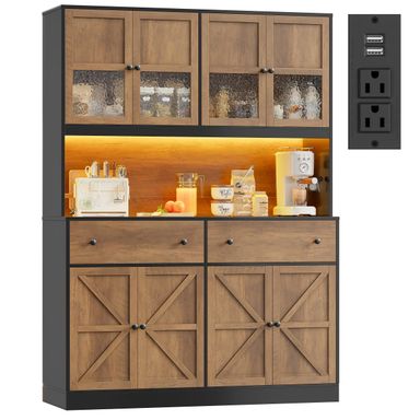 FINETONES 71" Pantry Cabinet with LED Light and Charging Station, Farmhouse Kitchen Pantry Cabinet with Microwave Stand, 47.2" Wide Kitchen Hutch Food Pantry with Open Countertop, Black/Brown
