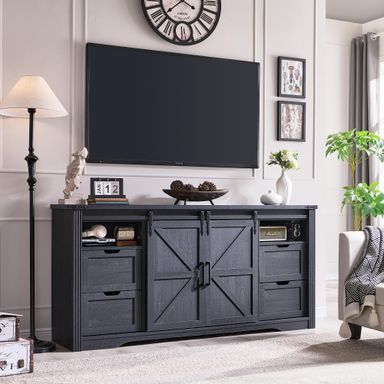 JXQTLINGMU Farmhouse TV Stand for 75+ Inch TV, 32" Tall Entertainment Center w/4 Drawers & Sliding Barn Door, Rustic Media Console w/Storage Shelves, 66" Wood Television Stand for Living Room, Black 66"W x 15.5"D x 32"H (Without Fireplace) Black