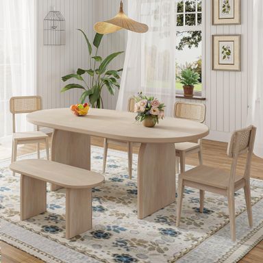 Merax 6 Pieces Modern Style Dining Set for 6, Oval Rubberwood Kitchen Table with 4 Rattan Backrest Chairs and Bench for Living Room, Natural
