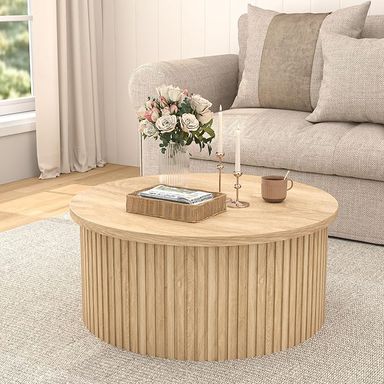 Amazon.com: Fsbecl Mesa auxiliar elevable con almacenamiento, mesas de centro redondas para sala de estar, mesa de centro acanalada de granja de 34.6 pulgadas, mesa central de madera con compartimento de : Hogar y Cocina