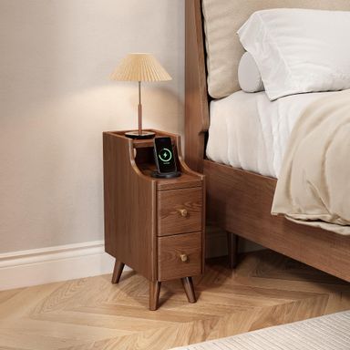 Narrow Nightstand with Drawers，7.9" Slim Solid Wood Bedside Table with Open Shelf & Cable Hole，Small End Tables for Small Spaces，Walnut Side Tables Bedroom & Dorm Walnut 15.7"D x 7.9"W x 22"H (2 Drawers)
