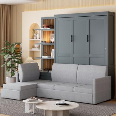 HABITRIO Queen Size Murphy Bed, Wooden Queen Murphy Bed Frame with Shelves, Wall Bed with L-Shape Sofa, Gray