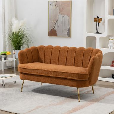 59" Wide Modern Boucle Loveseat Small Sofa Small Mini Room Couch 2-Seater Sofa with Gold Metal Legs for Space Office Studio Apartment Bedroom (Caramel)