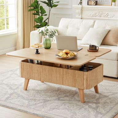 3 in 1 Lift Top Coffee Table, Fluted Convertible Coffee Tables Converts to Dining Tables, Modern Oval Wooden Center Table with Storage for Living Room Office Small Space, Partial Assembly (Natural) 3 in 1 Natural
