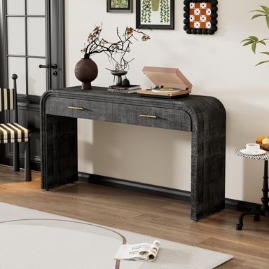 Retro Console Table Sofa Table with 2 Top Drawers, Unique Curved Long Accent Entryway Table for Entryway Hallway Living Room Foyer Corridor Dinning Room (Antique Black-O)
