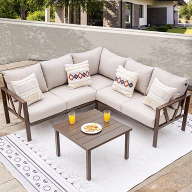 Patio Furniture Set, 6 Pieces Outdoor Couch Sectional, L Shaped Patio Sofa, Metal Patio Couch Sectional with Side Table, Outdoor Seating Conversation Set, Beige