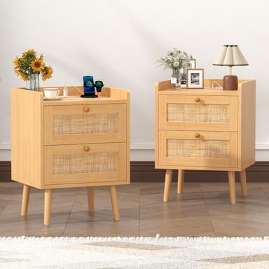 Nightstands Set of 2, Small Night Stands with Charging Station, Wood Rattan Bed Side Table Sets with 2 Storage Drawers & Wooden Handles, Farmhouse Boho End Tables for Bedroom, Living Room, Sofa 2 Natural Wood