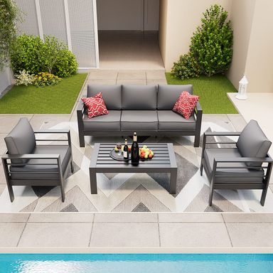 Amopatio Aluminum Patio Furniture Set, 6 Pieces Modern Patio Conversation Sets, Outdoor Sectional Metal Sofa with Coffee Table for Balcony, Garden, Dark Grey (Included Waterproof Covers) 2 Armchair+3-Seat Sofa+Table Dark Grey