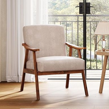 Amazon.com: COCONINO WJ Mid Century Accent Chair, Boho Farmhouse Accent Chairs for Living Room, Retro Single Lounge Reading Armchair with Solid Wood Frame (Polyester Fabric in Light Camel) : Home & Kitchen
