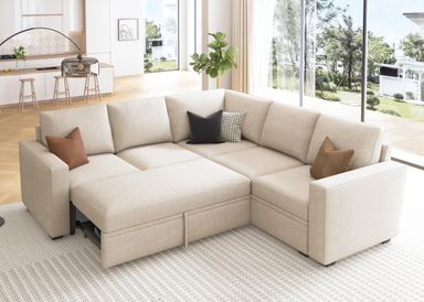 HONBAY Modular Sectional Sleeper Sofa with Pull Out Bed, L Shaped Couch with Storage Seat, Convertible Sectional Couches for Living Room, Beige