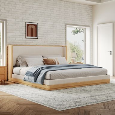 Merax Modern King Size Wood Platform Bed with Headboard, Mid-Century Floor Upholstered Bed Frame/No Box Spring Needed/Easy Assembly, Beige+ Nutural Beige+natural King