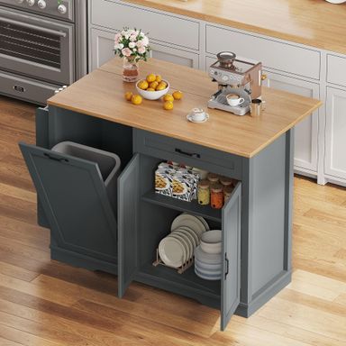 DWVO Kitchen Island with Drop Leaf, Rolling Island Table with Trash Can Storage Cabinet for 13-Gallon Garbage Bin, 50 Inch Mobile Kitchen Storage Islands, Grey Dark Grey