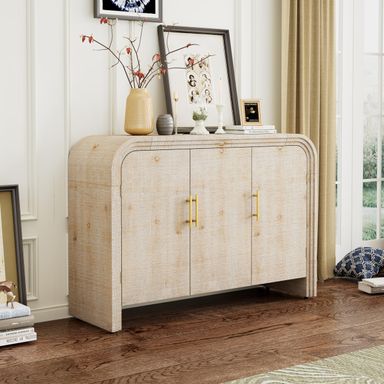 Curved Sideboard Buffet Cabinet with Adjustable Shelves and Gold Handles for Living Room or Dining Room - Natural Wood Wash