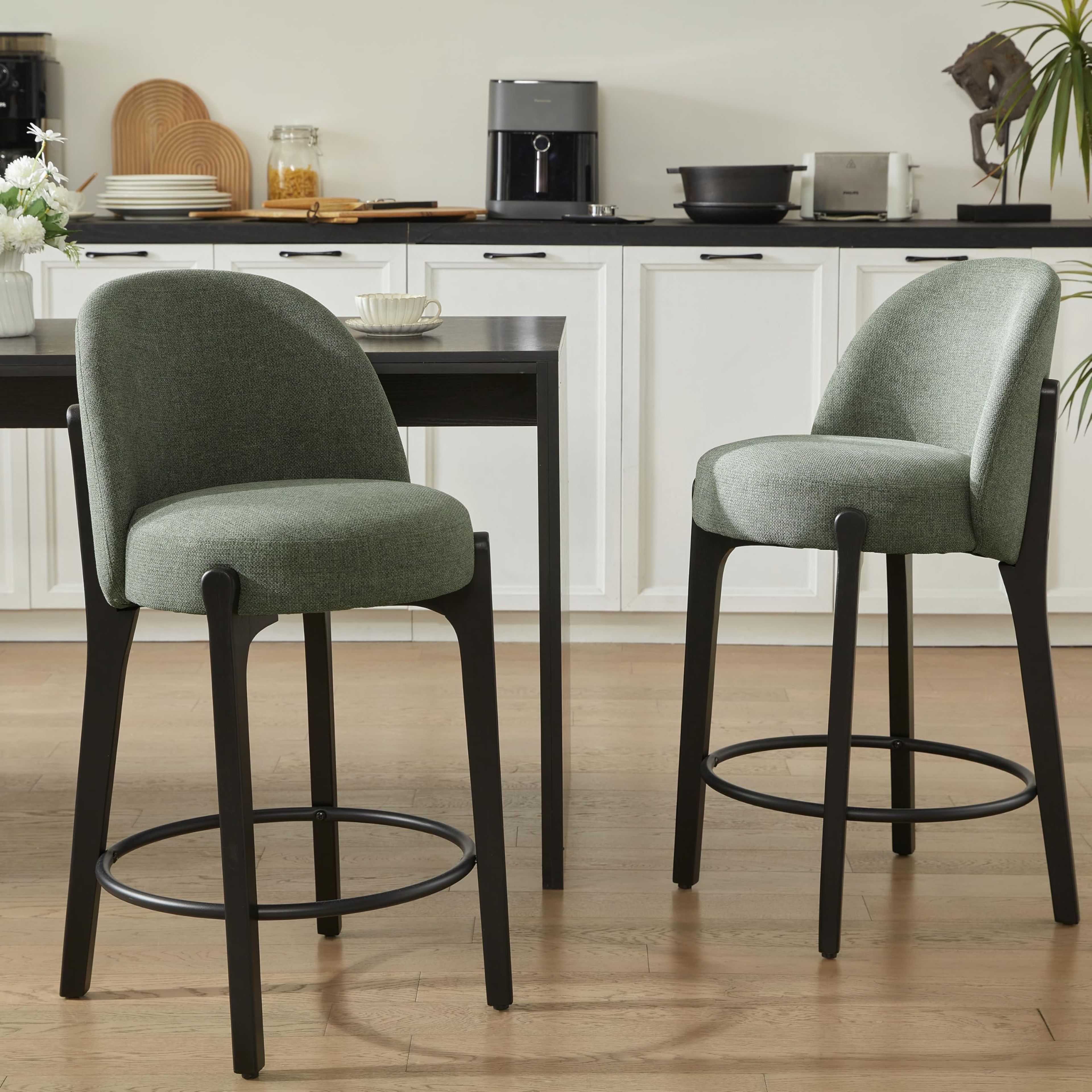 VKNOW 26" Green Bar Stools Set of 2 - Mid-Century Modern Upholstered Counter Stools