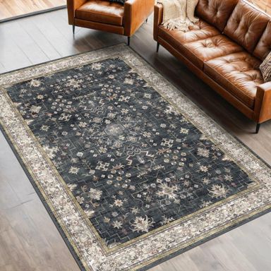 Black Boho Living Room Rug 5x7, Washable Dark Vintage Moody Low Pile Non Slip Carpet for Bedroom, Dinning Room, Office, Farmhouse, Retro Area Rug Indoor (5x7 Black/Multi)