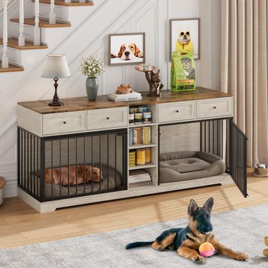 IDEALHOUSE 82" Large Dog Crate for 2 Dogs, Dog Kennel Indoor with 4 Drawers and Shelves, Double Dog Crate Furniture TV Stand, Wooden Dog Cage for Medium Large Dogs, Washed White Washed White Double(81.9"L x 23.6"W x 33.5"H)