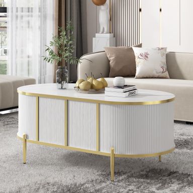 White Pedestal Oval Coffee Table Marble-Patterned Top, Modern Drum Flutted Center Table with 2 Cabinets, Metal Legs and Handles for Living Room Apartment, Easy Assembly White 47.25x23.8x19.2