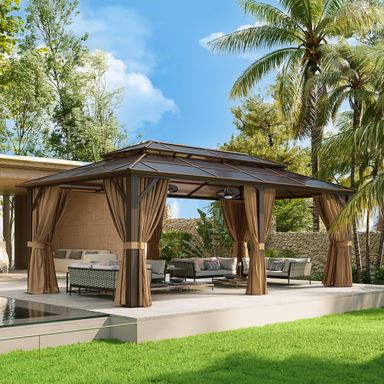 Aoxun 12'x20' Hardtop Gazebo, Aluminum Frame Permanent Pavilion with Netting and Curtains, Outdoor Polycarbonate Double Roof Canopy with Ceiling Fan, Designed for Lawn, Garden, Patio, Brown 12' x 20' Brown w/ 20'' Fan