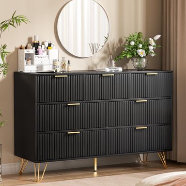 Dresser for Bedroom, Fluted Modern Dresser with Gold Pulls and 7 Drawers, 15.7" D x 47.2" W x 31.4" H, Black