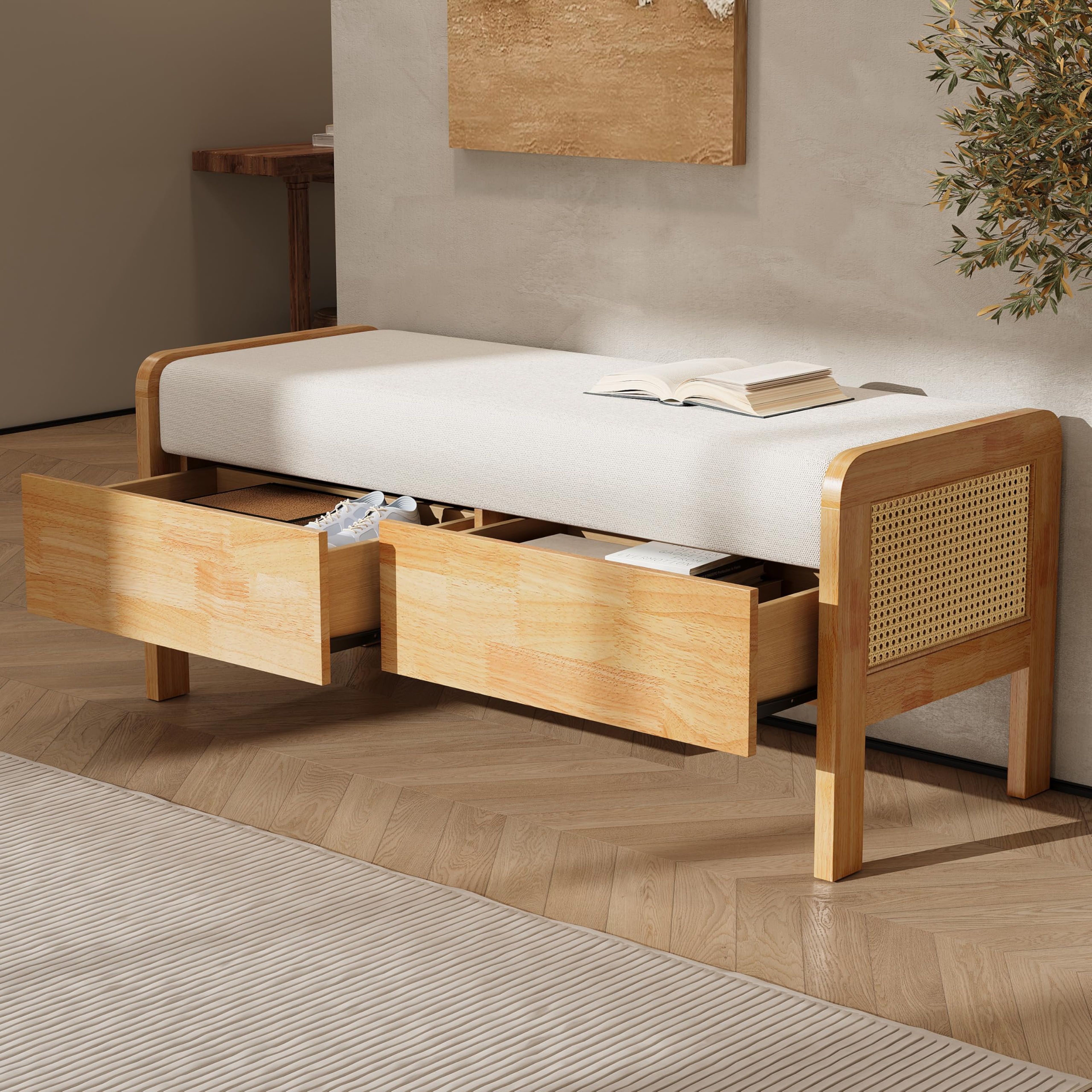 Storage Ottoman Bench with Drawers - Upholstered Oak Beige Entryway