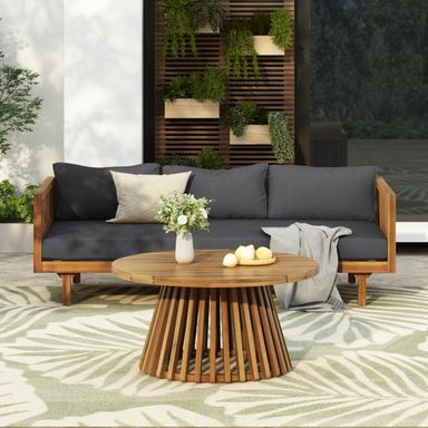 Merax Outdoor Acacia Wood Conversation Set, 3-Seat Loveseat Sofa w/Coushion and Coffetable for Backyard, Patio Furniture, Teak+Dark Gray 2-Piece Teak+dark Gray
