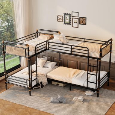 Quad Bunk Bed, Heavy Duty Metal 4 Bunk Beds for Kids with Ladders, Detachable Industrial L-Shaped Bunk Beds, Space Saving Design,Can Be Divided Into 3 Twin Beds, Black