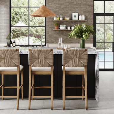 Nathan James Beacon Bohemian Boucle Bar Stool with Back, Bar Height Kitchen Island Chair, Seagrass Bar Stool, Cream Boucle/Brushed Light Brown, Set of 3 Light Brown/Beige Bar Height - Set of 3
