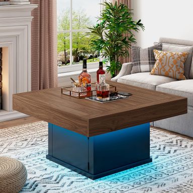 LED Coffee Tables for Living Room, Farmhouse Wood Coffee Table, 33.5" Square Coffee Table with Storage, Large Vintage Brown Center Table, Living Room Tables Cocktail Table (Vintage Brown)