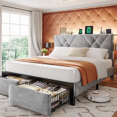 EnHomee Queen Bed Frame with 2 Storage Drawers and Headboard, Velvet Platform Bed Frame with LED Lights and Charging Station, Upholstered Adjustable Headboard, No Box Spring Needed, Noise-Free, Grey Queen Grey