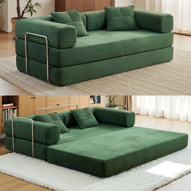 Compression Sofa - 78''Convertible Floor Sofa Bed - with Pillow Back Support Armrest - Comfy Foldable Sofa Bed Compressed Sofa in Box - Corduroy Fabric - for Living Room Bedroom (Emerald)