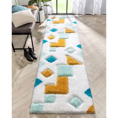 Well Woven Abbi Blue Boxes & Circles Thick Soft Plush 3D Textured Shag Runner Rug (2'7" x 9'10") 2'7" x 9'10" (Runner) Abstract Blue