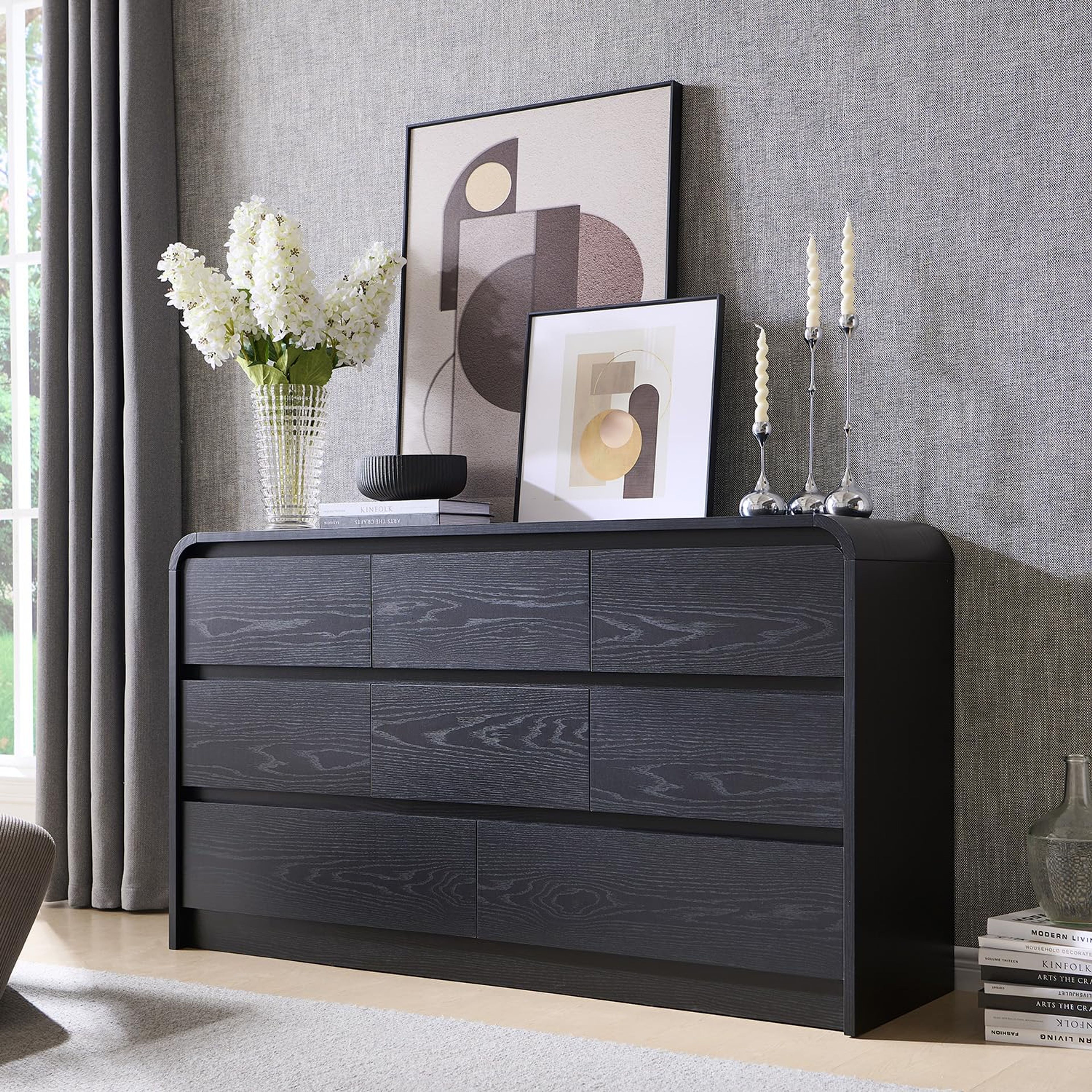 Modern 55" Black 8-Drawer Wood Dresser with Curved Design