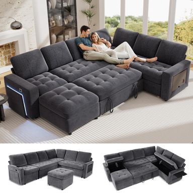 Vipbear 7 Seat L Shaped Modular Sectional Sleeper Sofa Bed with Ottoman/Pull Out Bed/Reclining Backrest/USB Ports/Table/LED Light/Storage Seat, Tool-Free Assembly, Chenille Dark Grey Dark Grey Sleeper Sofa-2