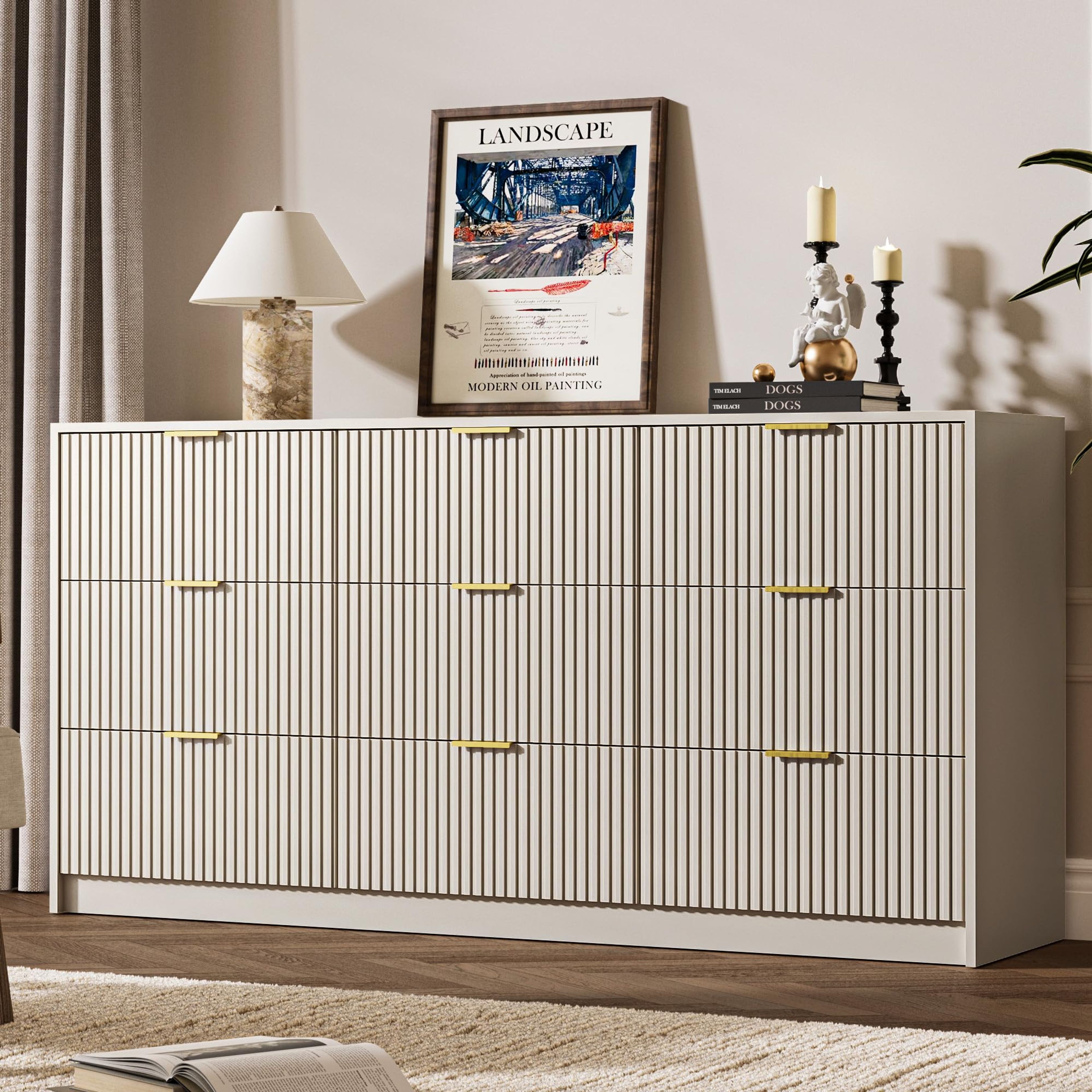 Modern Beige 9-Drawer Dresser Chest for Bedroom Storage 63"W