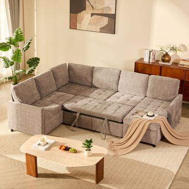107" Modular Sectional Sleeper Sofa with Pull Out Bed, U Shaped Sectional Couch with Storage, Extra Wide & Deep Seat Couches for Living Room, Removable Sofa Cover, Chenille, Slate Slate 107" - U Shape