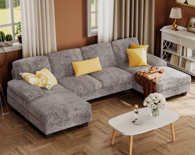 Furmax Sectional Couches for Living Room, U-Shaped Sofa Couch with Linen Fabric, 4 Seat Sofa Set with Double Chaise for Apartment (Fabric, Grey) Grey Fabric