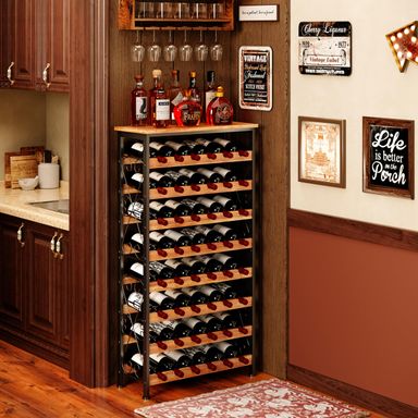 48 Bottles Wine Rack Freestanding Floor with Wood Top, 8 Tier Wine Bottle Holder, Wine Storage for Kitchen Pantry, Tall Wine Bar Stand Shelf Display 25.2''L X 10.7''W X 47.2''H