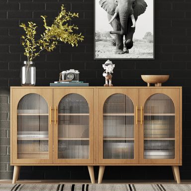 Rovaurx Storage Cabinet with Acrylic Fluted Glass Doors, 59.1" Floor Storage, Modern Buffet Sideboard Cabinet for Dinging Room, Living Room, Entryway, Natural BMGZ108MC02