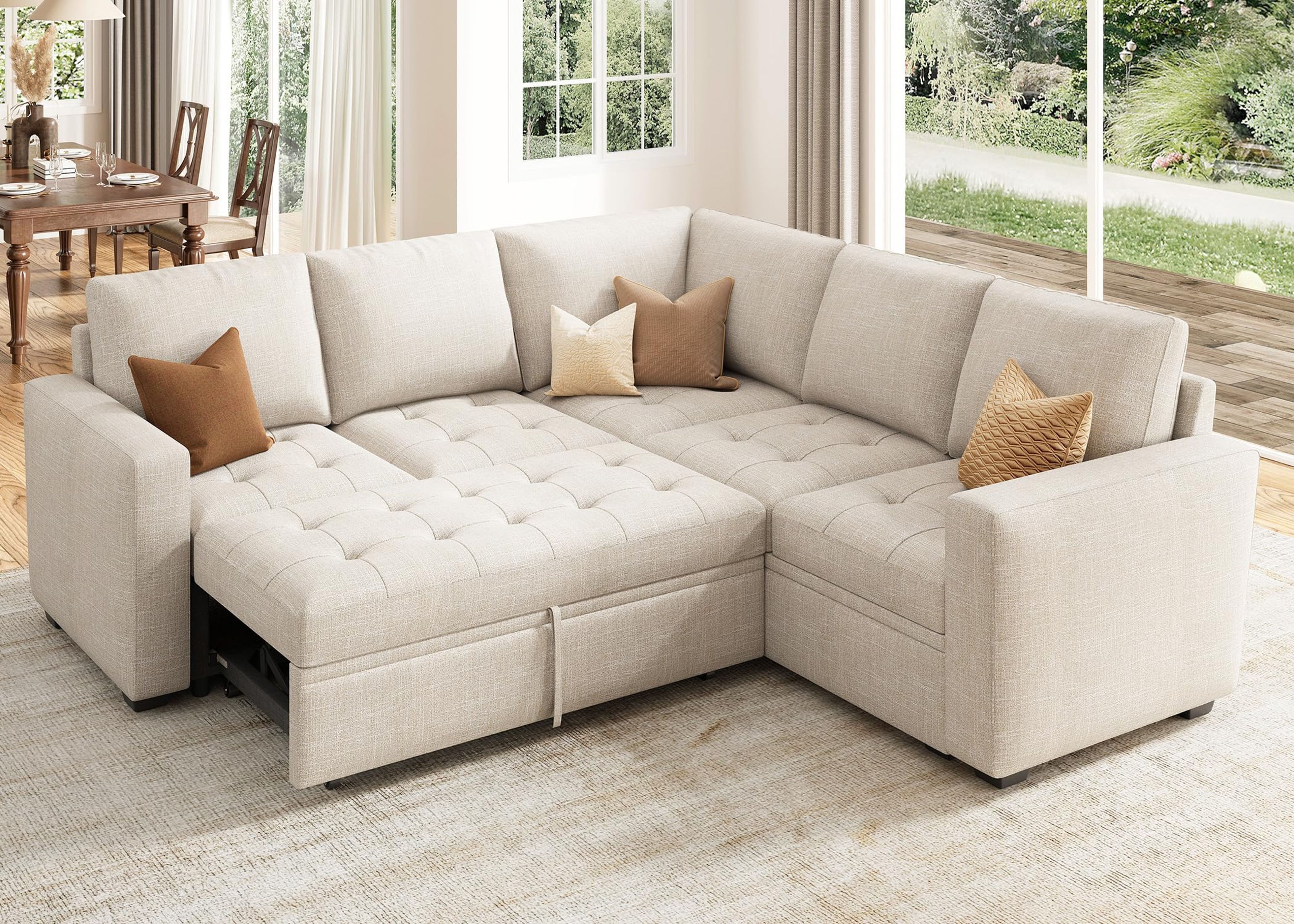 HONBAY Modular Sectional Sleeper Sofa, L-Shaped, Beige