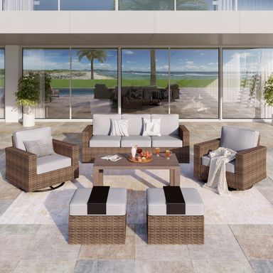 Patio Furniture Set, 6 Pieces Outdoor Furniture Sets, Wicker Conversation Set with Swivel Rocker Chairs, Ottomans and Coffe Table, High Back Conversation Set Garden, Grey